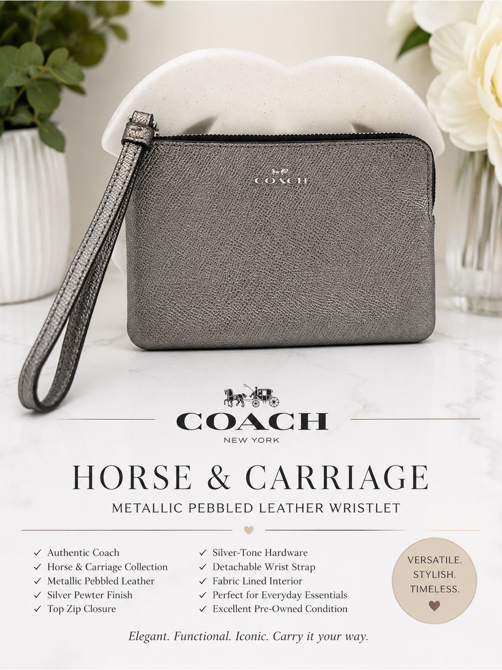 Coach Horse & Carriage Metallic Pebbled Leather Wristlet Clutch-SilverPewter EUC